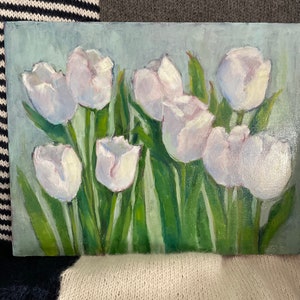 White tulips original oil painting fine art canvas wall hanging home decor farmhouse country style immagine 6