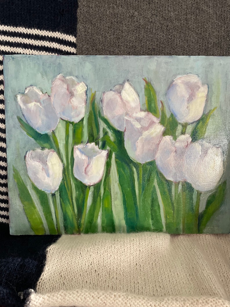 White tulips original oil painting fine art canvas wall hanging home decor farmhouse country style immagine 6