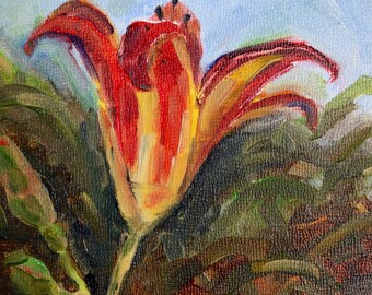 Tiger Lily Painting - Garden Still Life - Original Oil Flower - Lily Painting - fine art home decor - Orange Flower Painting