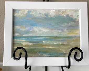 Beach painting, original oil, seascape, Lake Erie, Pennsylvania art, clouds, waves,small artwor, country style, farmhouse, nautical