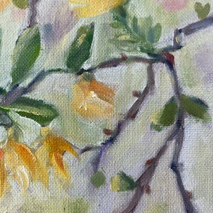 Forsythia painting, oil on canvas board, spring flowers tree fine art home decor wall hanging farmhouse country style image 4