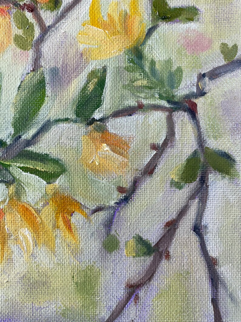 Forsythia painting, oil on canvas board, spring flowers tree fine art home decor wall hanging farmhouse country style image 4