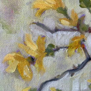 Forsythia painting, oil on canvas board, spring flowers tree fine art home decor wall hanging farmhouse country style image 5