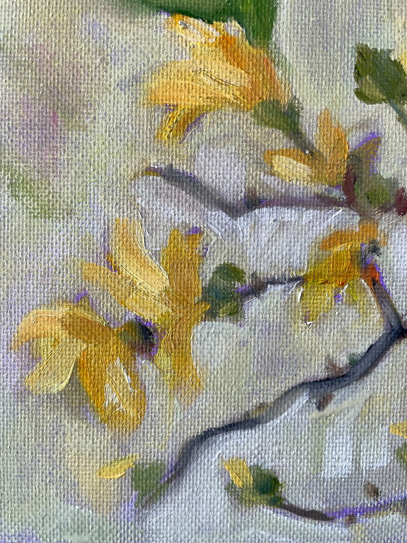 Forsythia painting, oil on canvas board, spring flowers tree fine art home decor wall hanging farmhouse country style image 5