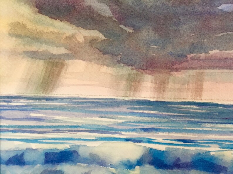 Original Watercolor Painting Storm Clouds Lake Ocean Beach Etsy