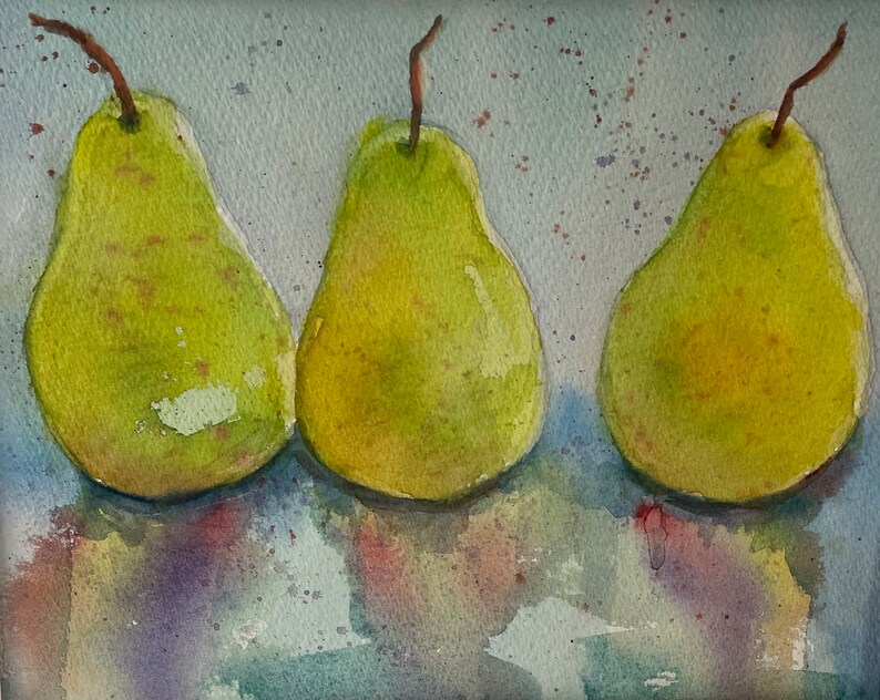 Pear Painting watercolor, original fruit still life, wall hanging artwork, farmhouse country style, fine art immagine 3