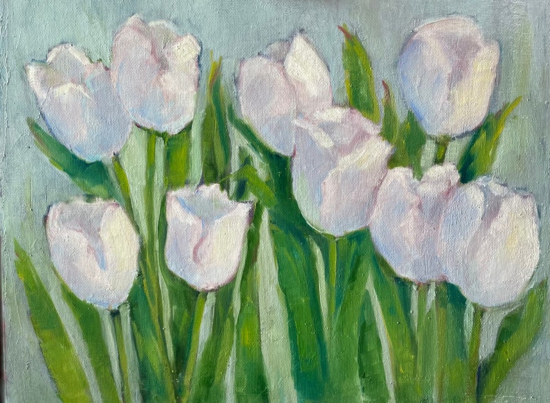 White tulips original oil painting fine art canvas wall hanging home decor farmhouse country style immagine 2