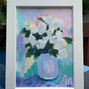 Original painting white hydrangeas in a vase small framed artwork wall hanging home decor farmhouse country style flowers floral immagine 1