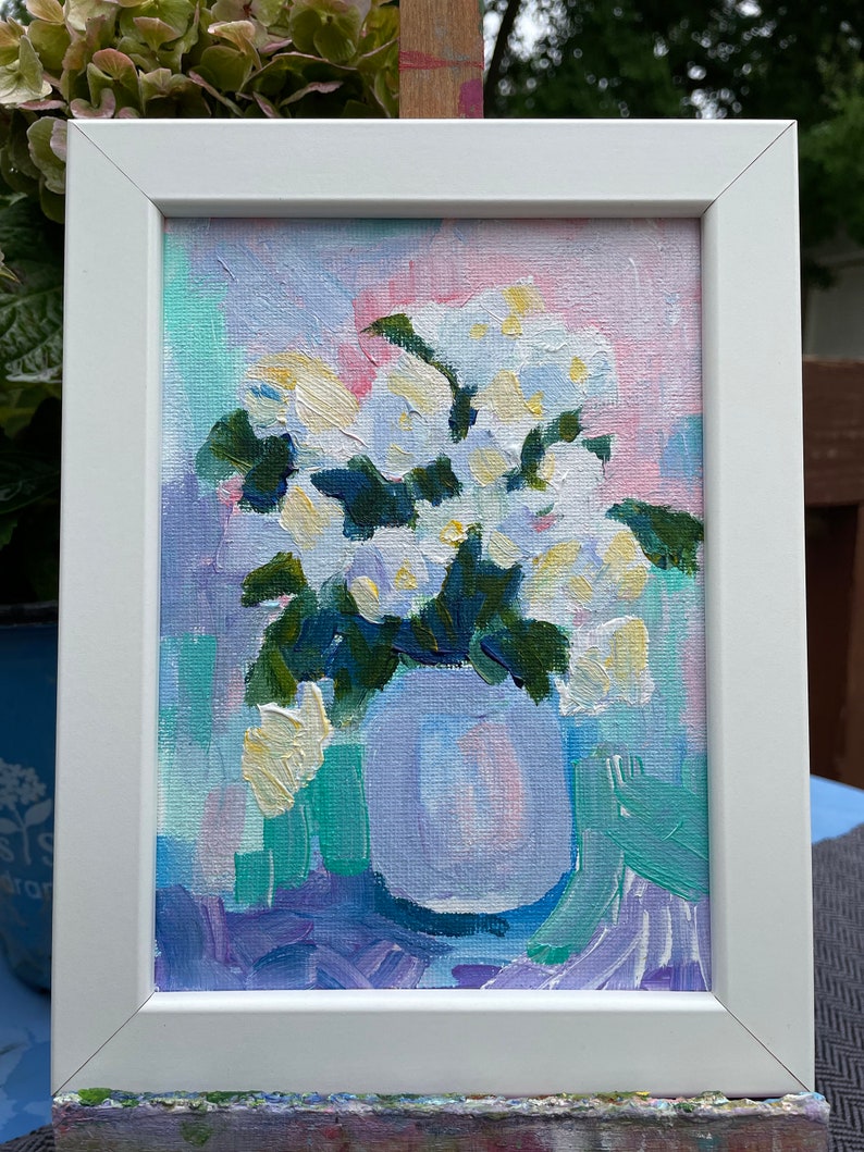 Original painting white hydrangeas in a vase small framed artwork wall hanging home decor farmhouse country style flowers floral immagine 1