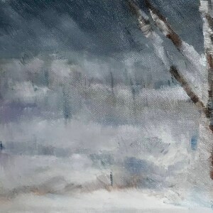 May include: A painting of a bare tree with branches reaching up into a gray, cloudy sky. The background is a blurry, white landscape, suggesting snow or fog.