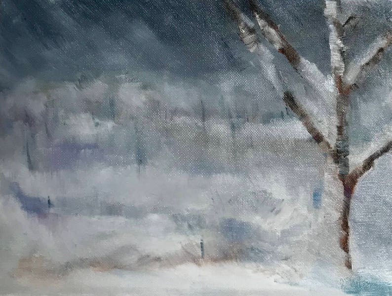 May include: A painting of a bare tree with branches reaching up into a gray, cloudy sky. The background is a blurry, white landscape, suggesting snow or fog.