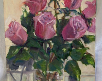 Original oil - Still Life - painting of roses - fine art - Home decor - Spring Painting - wall art painting - pink flowers floral painting