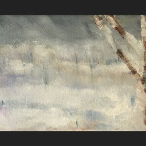 May include: A painting of a winter scene with a bare tree branch in the foreground. The background is a hazy white and blue, suggesting snow or fog. The painting is done in a loose, impressionistic style.