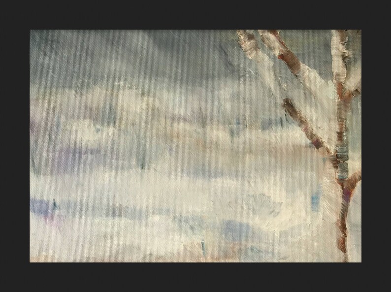 May include: A painting of a winter scene with a bare tree branch in the foreground. The background is a hazy white and blue, suggesting snow or fog. The painting is done in a loose, impressionistic style.