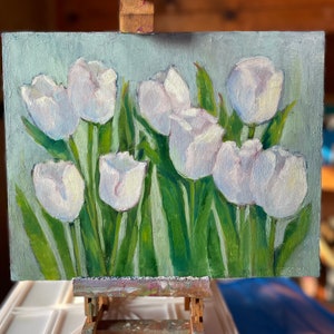 White tulips original oil painting fine art canvas wall hanging home decor farmhouse country style immagine 4