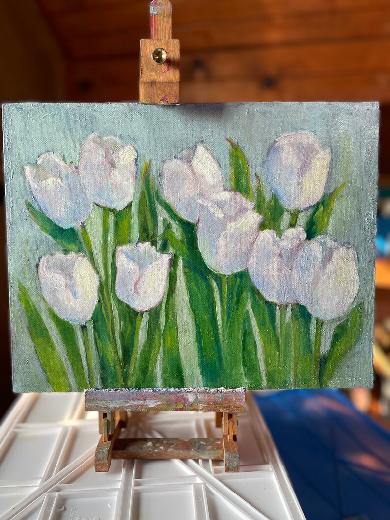 White tulips original oil painting fine art canvas wall hanging home decor farmhouse country style immagine 4