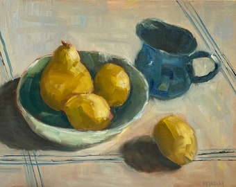 Original oil painting, pears and lemons, fine art, wall hanging, farmhouse style, country cottage, impressionist painting, canvas