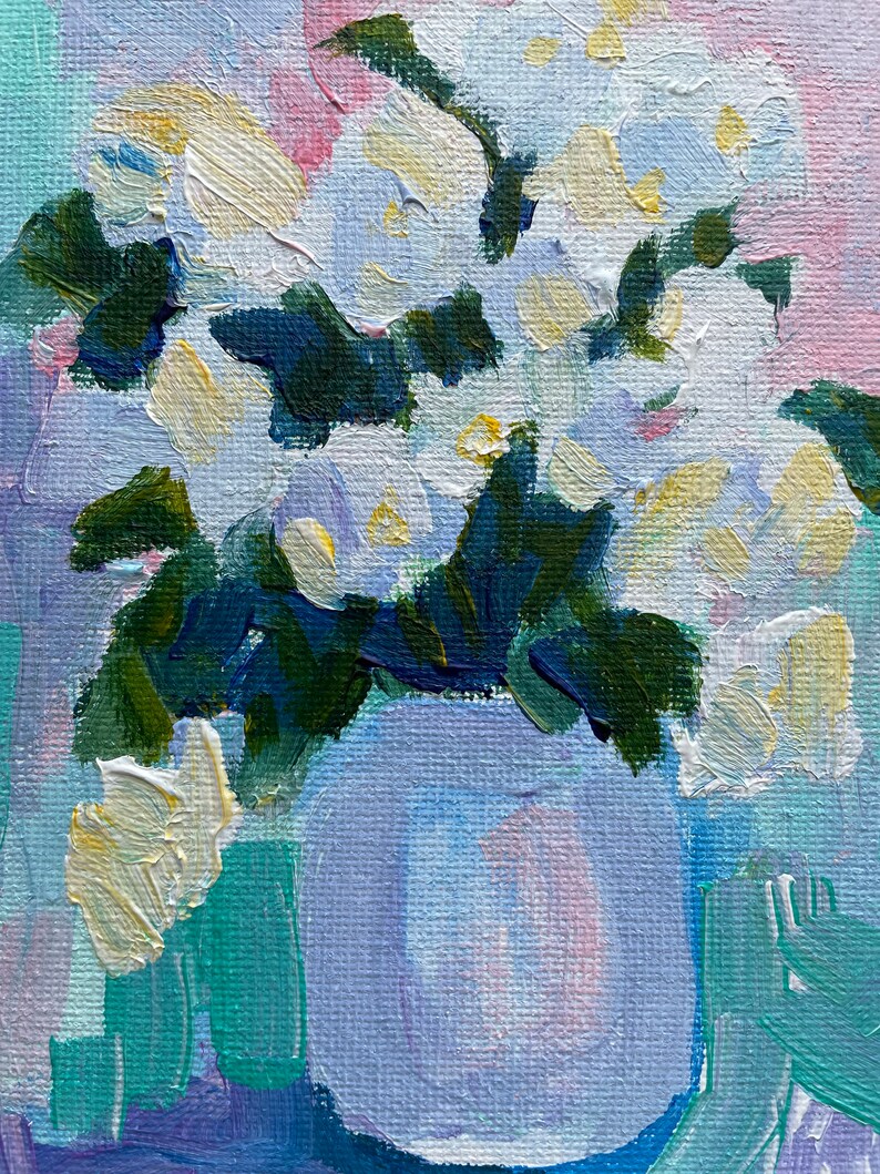 Original painting white hydrangeas in a vase small framed artwork wall hanging home decor farmhouse country style flowers floral immagine 8