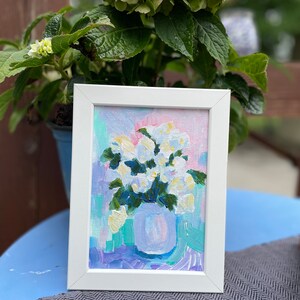 Original painting white hydrangeas in a vase small framed artwork wall hanging home decor farmhouse country style flowers floral immagine 2