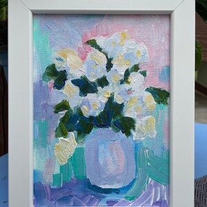 Original painting white hydrangeas in a vase small framed artwork wall hanging home decor farmhouse country style flowers floral immagine 4