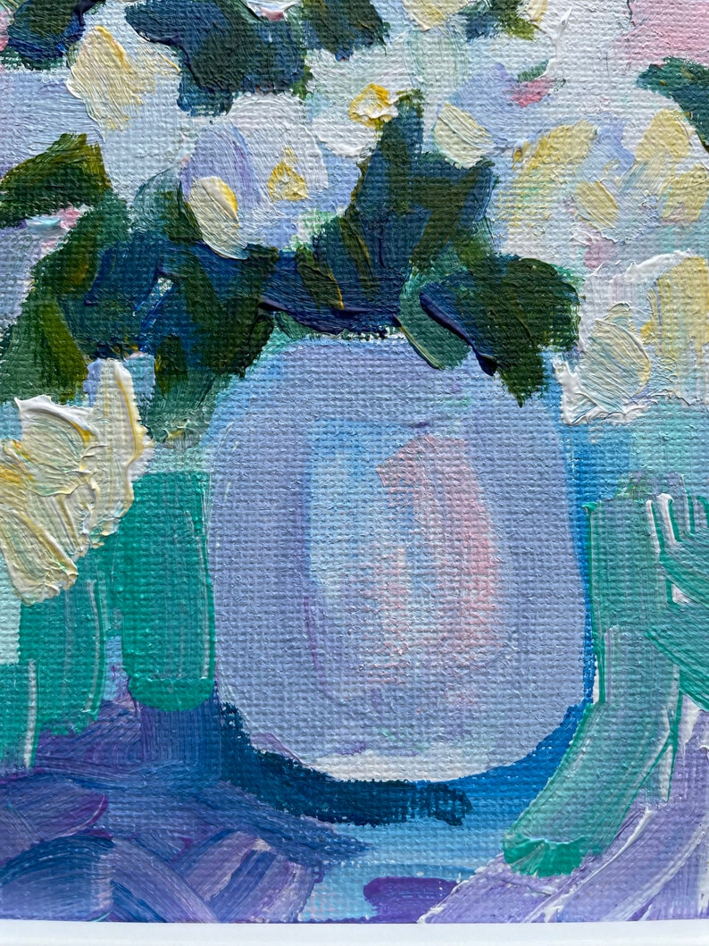 Original painting white hydrangeas in a vase small framed artwork wall hanging home decor farmhouse country style flowers floral immagine 6