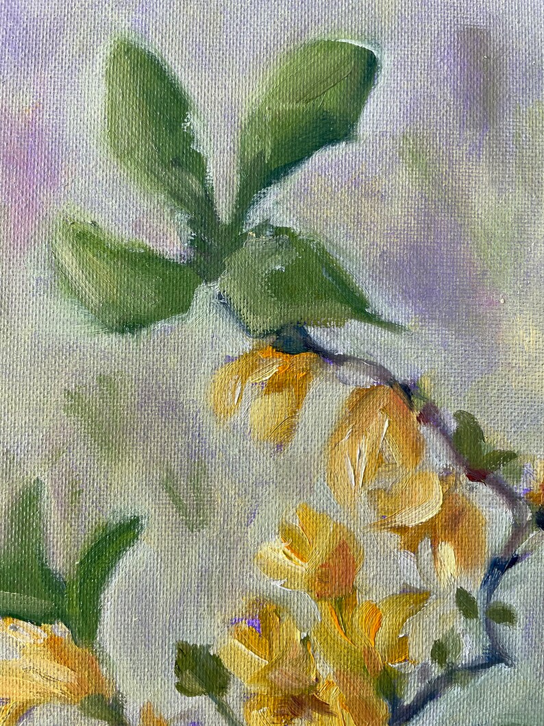 Forsythia painting, oil on canvas board, spring flowers tree fine art home decor wall hanging farmhouse country style image 6