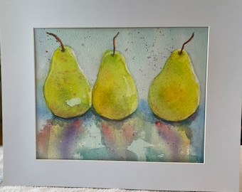 Pear Painting watercolor, original fruit still life, wall hanging artwork, farmhouse country style, fine art