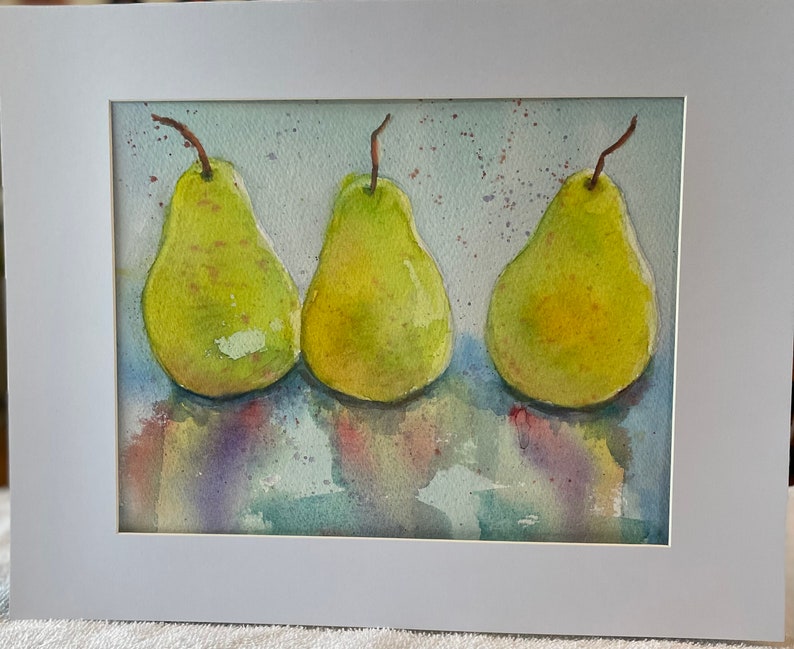 Pear Painting watercolor, original fruit still life, wall hanging artwork, farmhouse country style, fine art immagine 1