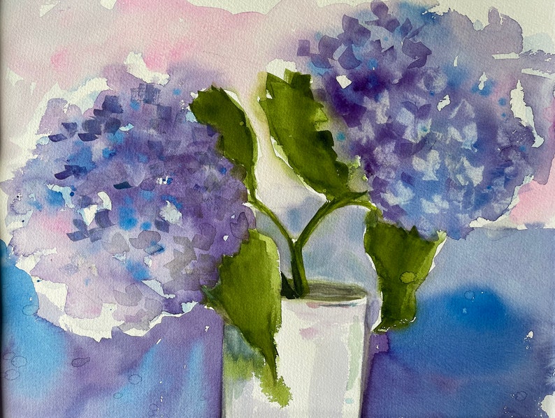 Blue hydrangeas, watercolor painting, original, flowers, floral, botanical fine art home decor wall hanging farmhouse country style image 10