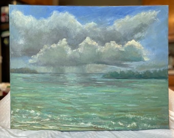 Stormy sky oil painting, original artwork, lake ocean beach seascape Lake Erie home decor wall hanging fine art