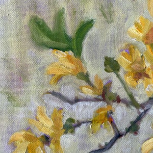 Forsythia painting, oil on canvas board, spring flowers tree fine art home decor wall hanging farmhouse country style image 10