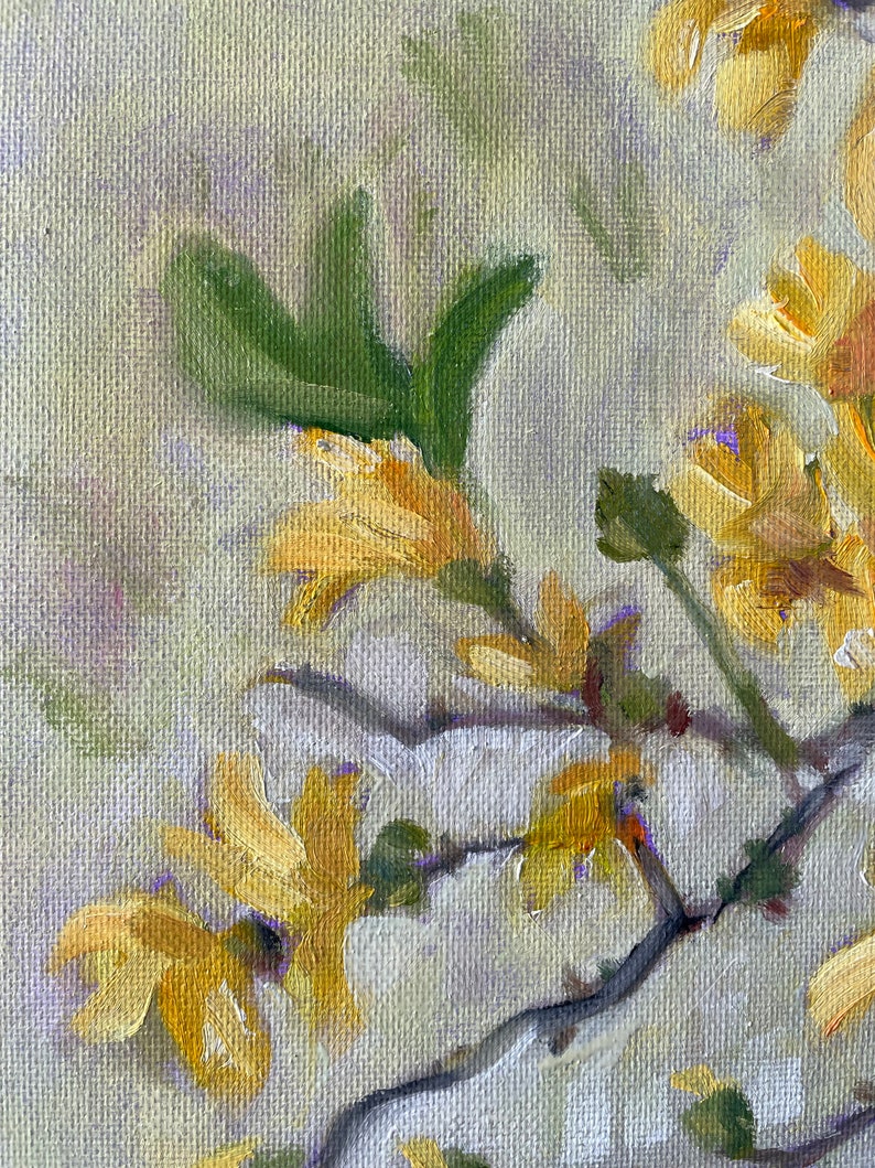 Forsythia painting, oil on canvas board, spring flowers tree fine art home decor wall hanging farmhouse country style image 10