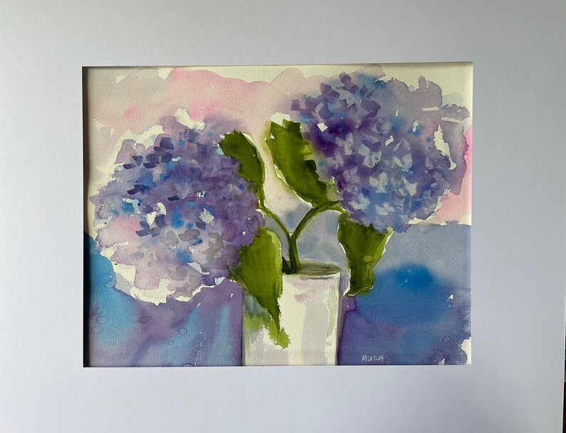 Blue hydrangeas, watercolor painting, original, flowers, floral, botanical fine art home decor wall hanging farmhouse country style image 2