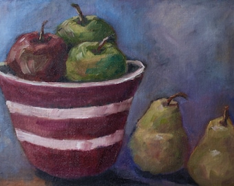 Art Painting Still Life - Original Oil Fruit Pears Apples - Original Painting Fruit in Red Bowl - fine art home decor - wall art colorful