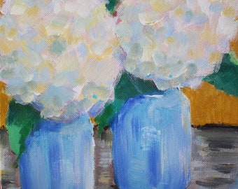 White hydrangeas, original painting,acrylic,flowers in vase, summer floral, farm style decor, wall art canvas, small painting