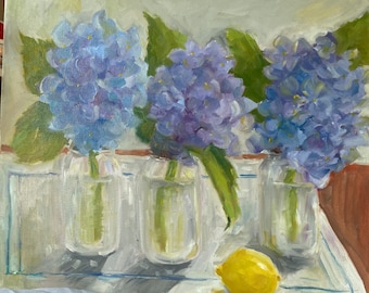 Hydrangea painting, original oil, blue flowers in glass vase, fine art, canvas wall hanging, home decor farmhouse country cottage style,