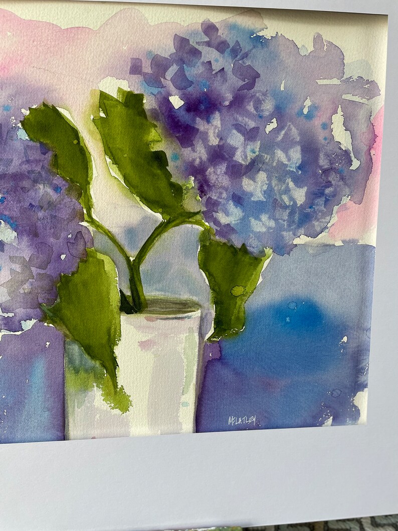 Blue hydrangeas, watercolor painting, original, flowers, floral, botanical fine art home decor wall hanging farmhouse country style image 4