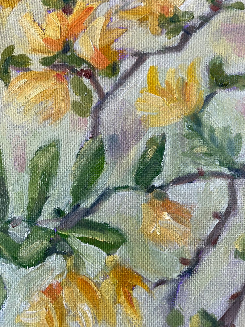 Forsythia painting, oil on canvas board, spring flowers tree fine art home decor wall hanging farmhouse country style image 3