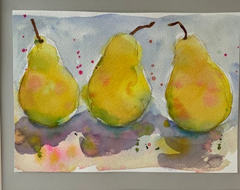 Painting pears watercolor, original fine art, handmade art work, farmhouse decor, country cottage style, fruit still life, wall art hanging