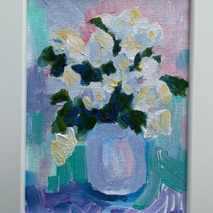 Original painting white hydrangeas in a vase small framed artwork wall hanging home decor farmhouse country style flowers floral immagine 5