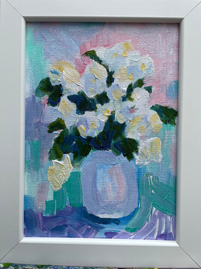 Original painting white hydrangeas in a vase small framed artwork wall hanging home decor farmhouse country style flowers floral immagine 5