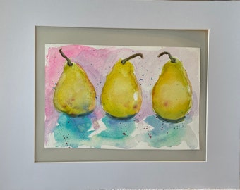 Pear painting, watercolor, fine art, original handmade, farmhouse country style, impressionist painting wall hanging