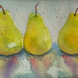 Pear Painting watercolor, original fruit still life, wall hanging artwork, farmhouse country style, fine art immagine 2