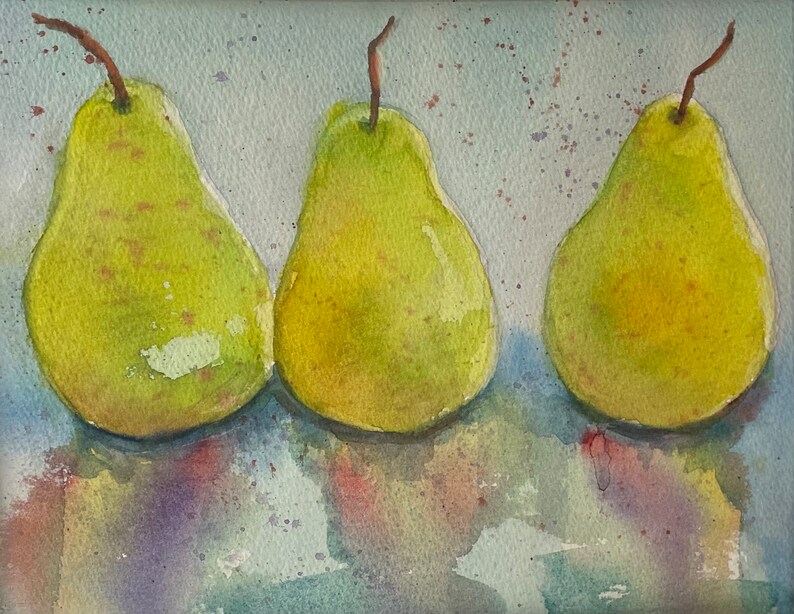 Pear Painting watercolor, original fruit still life, wall hanging artwork, farmhouse country style, fine art immagine 2