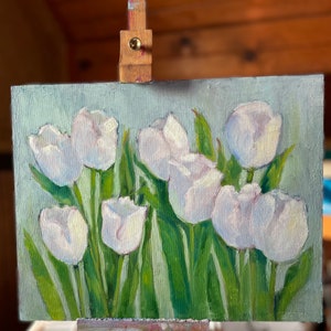 White tulips original oil painting fine art canvas wall hanging home decor farmhouse country style immagine 3