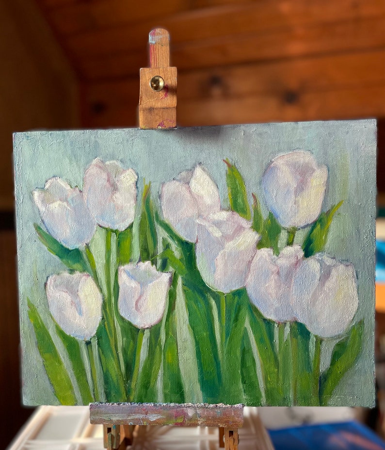 White tulips original oil painting fine art canvas wall hanging home decor farmhouse country style immagine 3