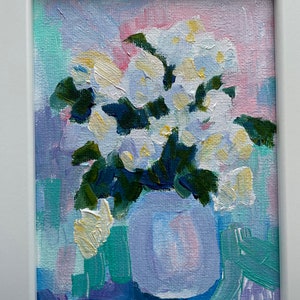 Original painting white hydrangeas in a vase small framed artwork wall hanging home decor farmhouse country style flowers floral immagine 7