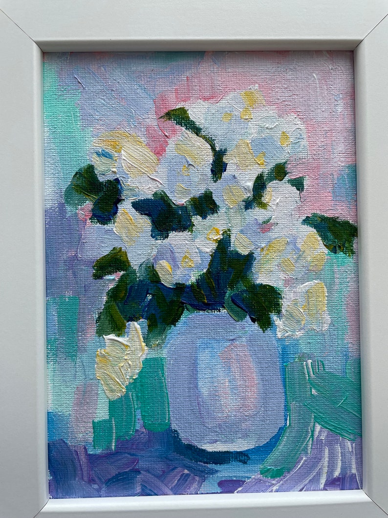 Original painting white hydrangeas in a vase small framed artwork wall hanging home decor farmhouse country style flowers floral immagine 7