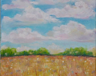 Landscape painting, Original Oil, Clouds and Country field, wildflowers, sunny summer sky, field of flowers, fine art wall decor canvas