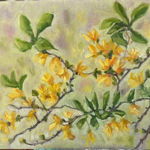 Forsythia painting, oil on canvas board, spring flowers tree fine art home decor wall hanging farmhouse country style image 1